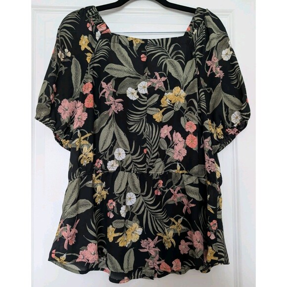 Liz Claiborne Black Floral Top Square Neck Button Up Short Puff Sleeve Sz Large - Picture 6 of 9